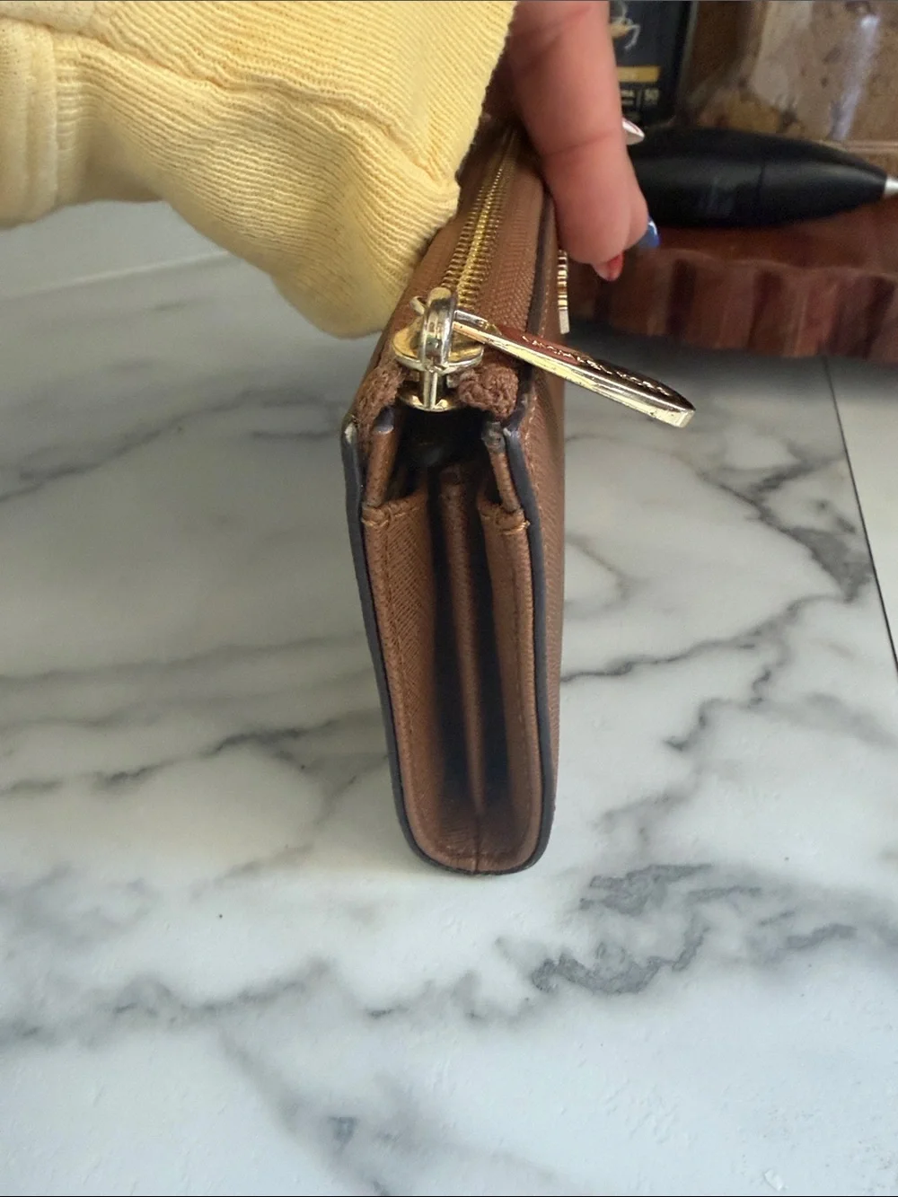 Michael Kors Brown Saffiano Zip Around Wallet with Gold Logo